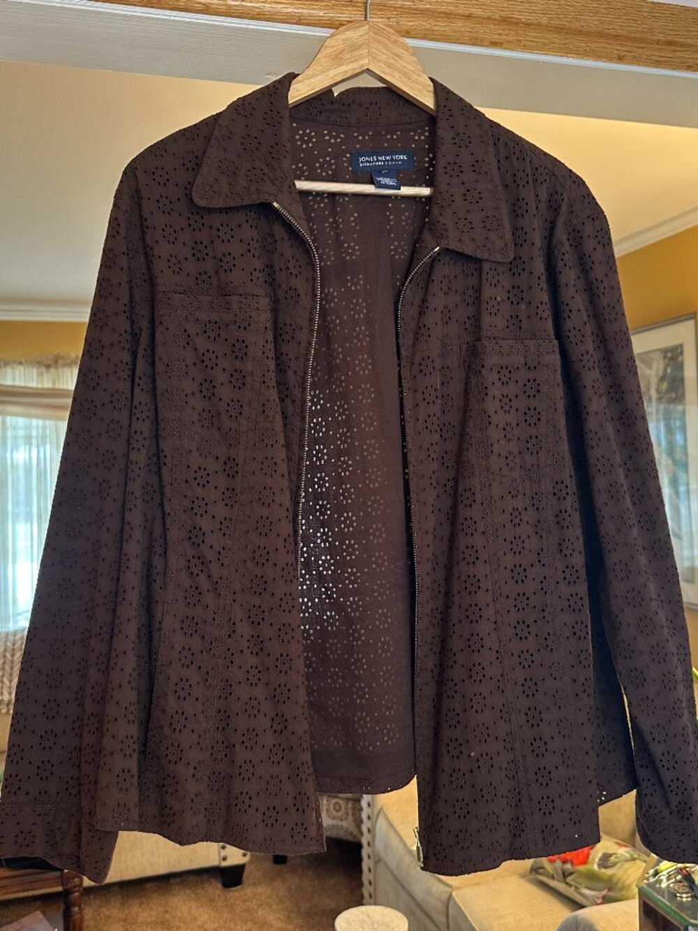 Jones New York Signature Woman Coco-Brown Flower Eyelet Jacket - Large